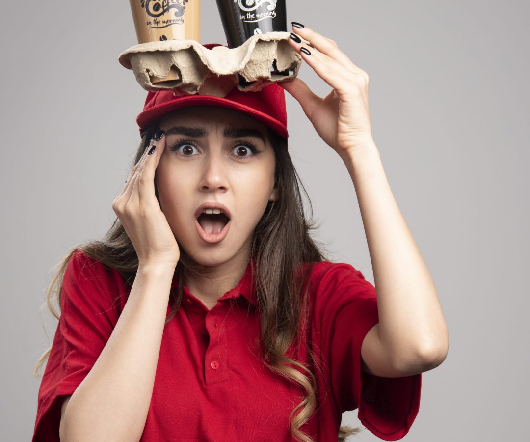 Delivery woman holding coffee cups on her head Robot Coffee Kiosks